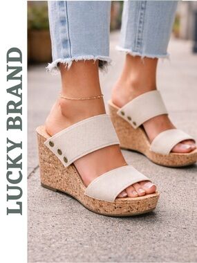 Lucky Brand Cork Wedge Sandals Canvas Slides 8B